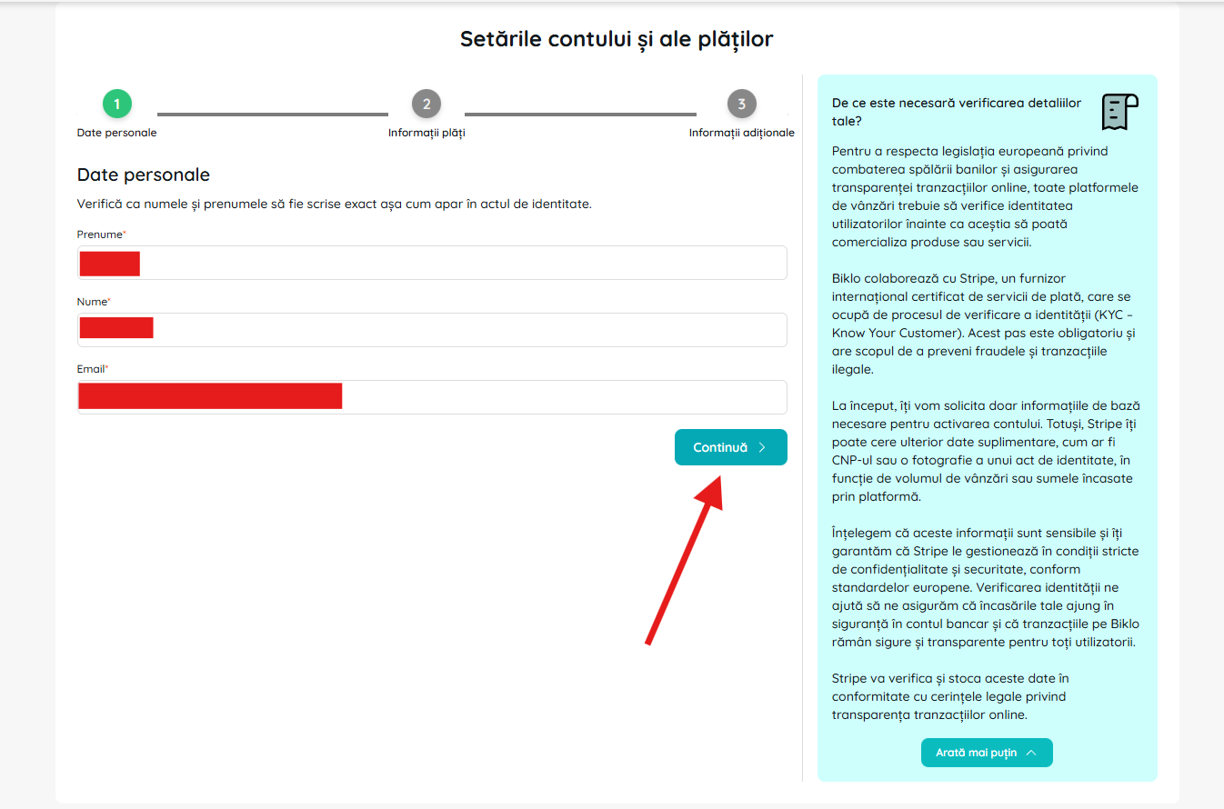 Completarea datelor personale în procesul de creare a contului financiar Biklo