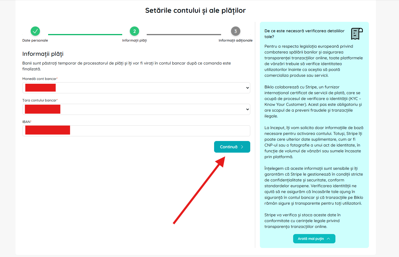 Formular pentru detalii bancare în procesul de creare a contului financiar Biklo