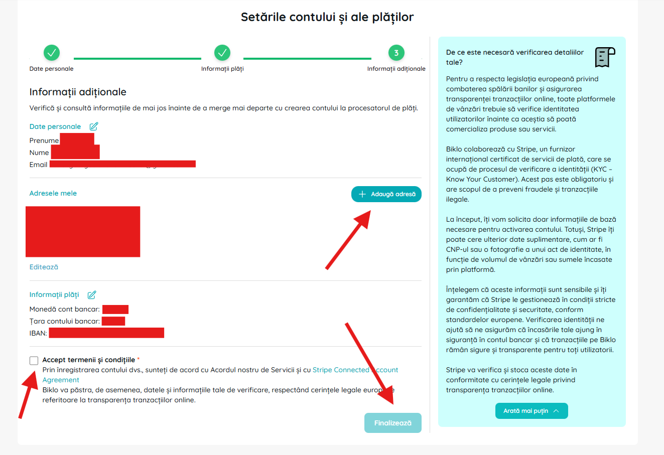 Completarea informațiilor adiționale și acorduri în procesul de creare a contului financiar Biklo