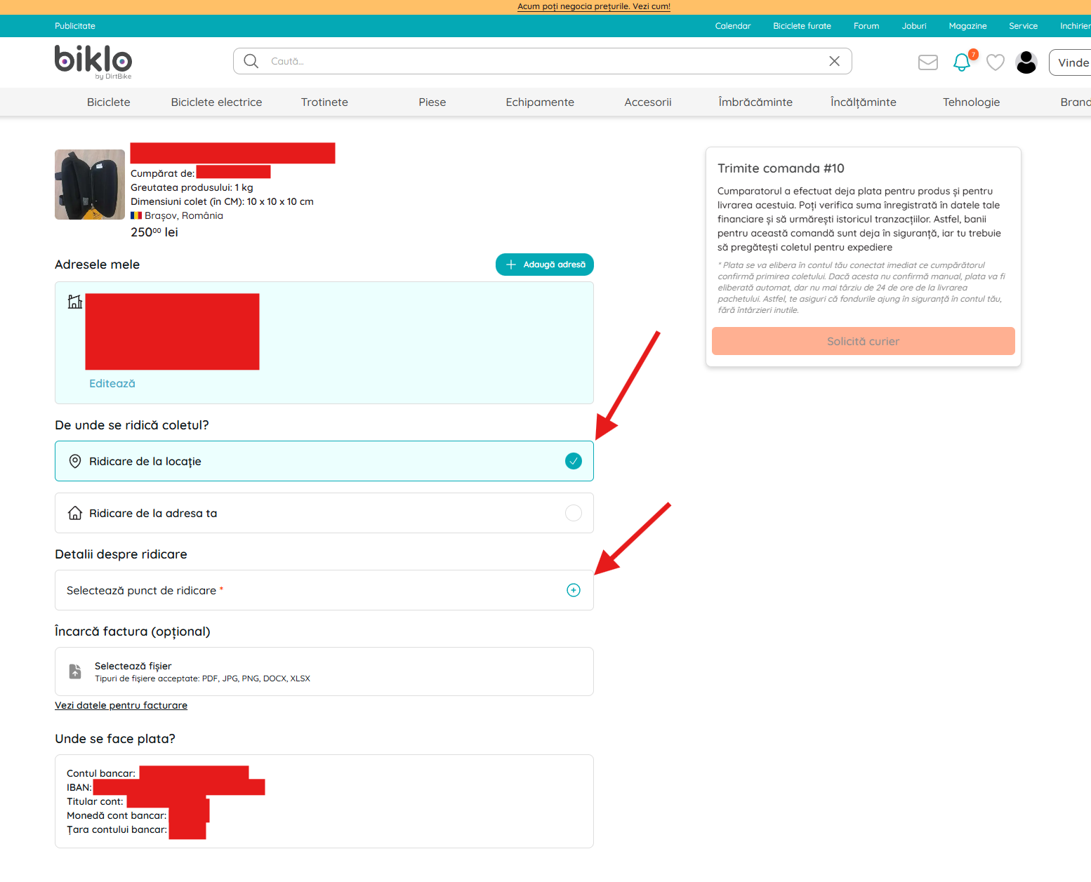 Formular de completare a detaliilor de livrare pentru curier Biklo