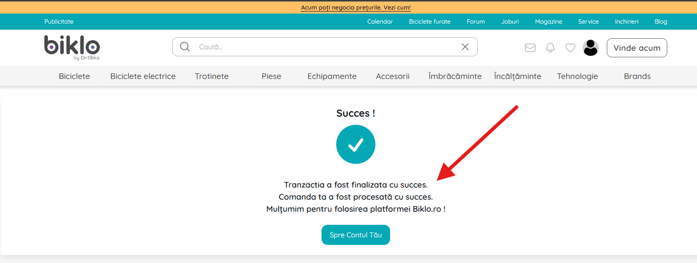 Pagina de confirmare a comenzii Biklo