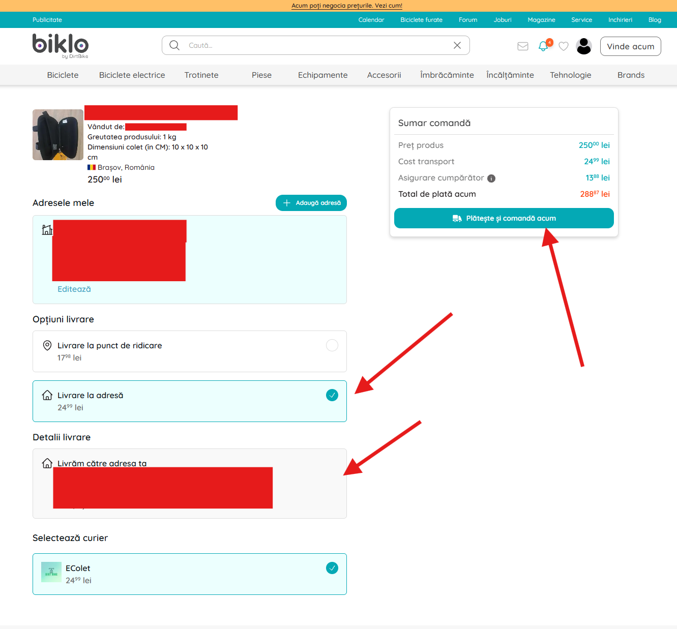 Selectarea metodei de livrare Biklo