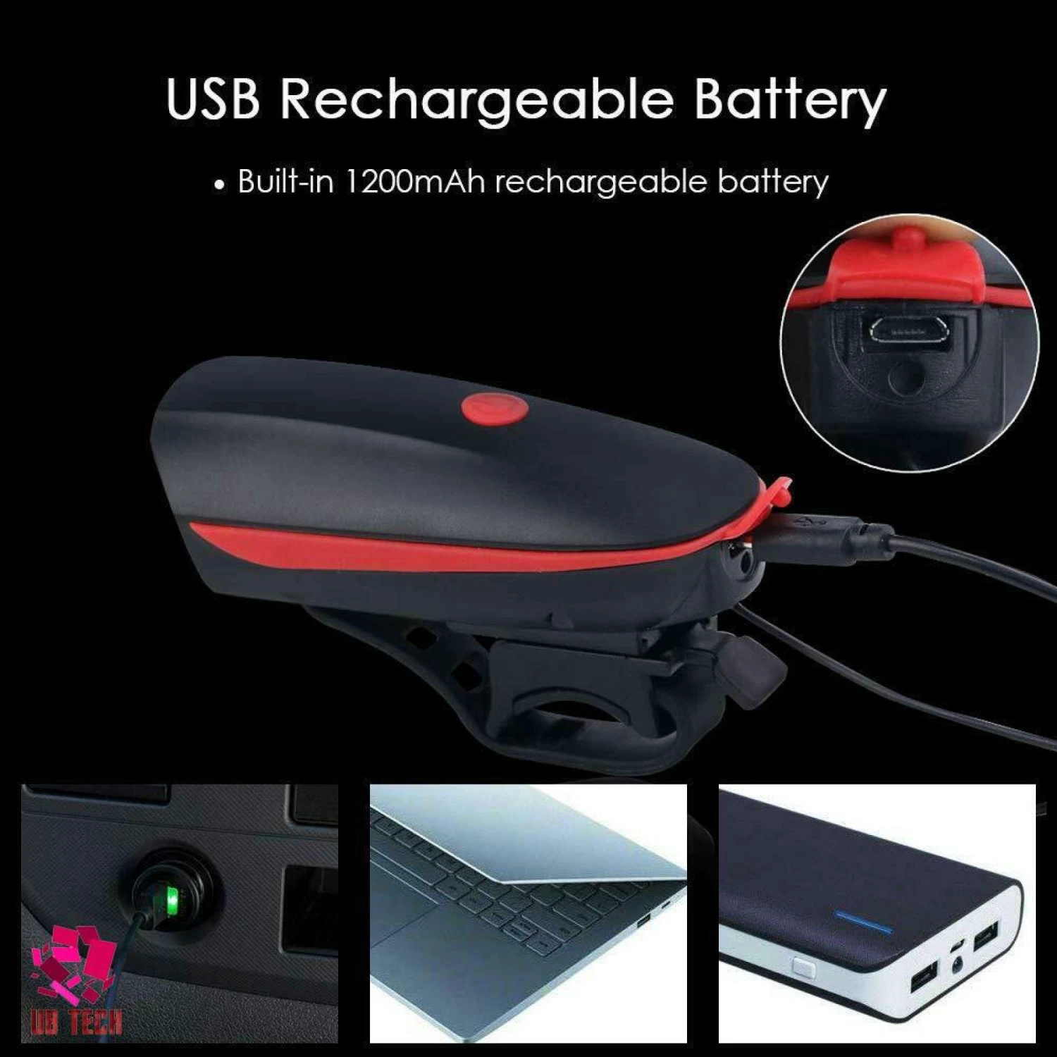 7. Far Lanterna Sonerie Claxon ghidon bicicleta lumini LED incarcare USB