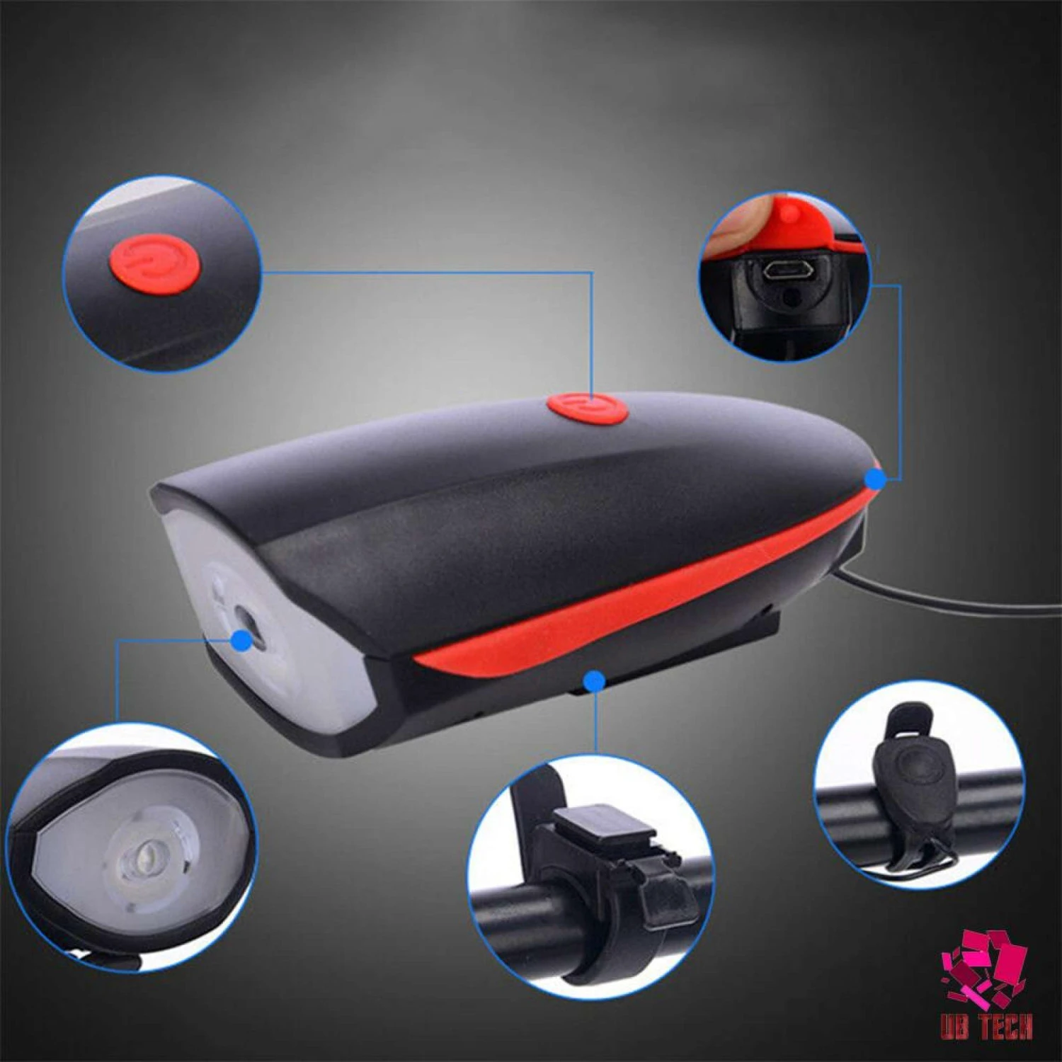 8. Far Lanterna Sonerie Claxon ghidon bicicleta lumini LED incarcare USB