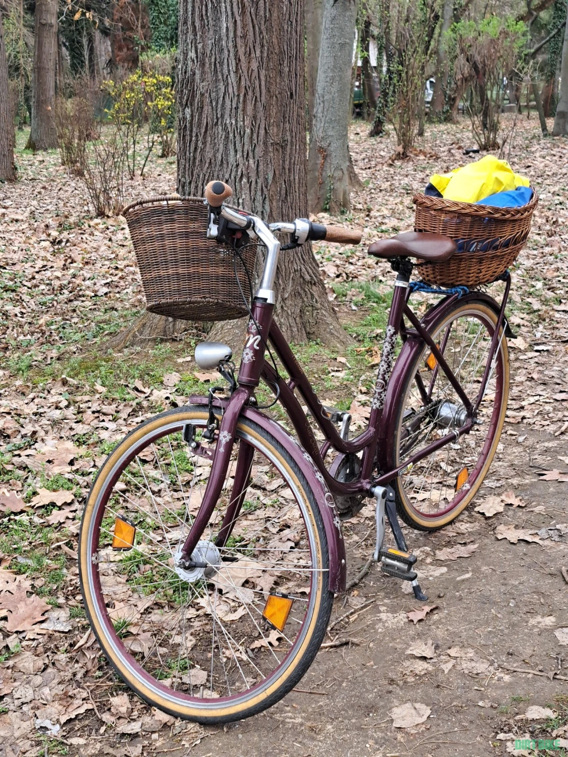 1. Bicicletă furată – Miss Deluxe, visinie, cu coșuri împletite față/spate