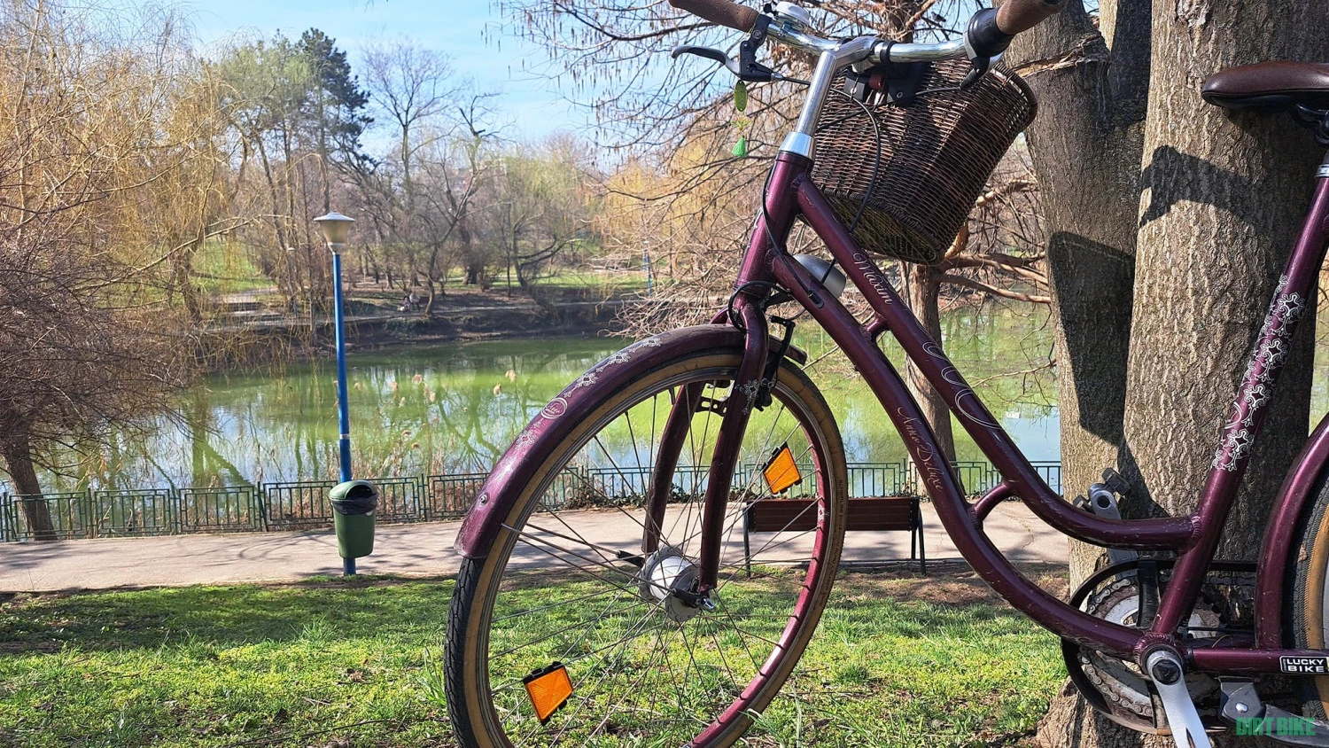2. Bicicletă furată – Miss Deluxe, visinie, cu coșuri împletite față/spate