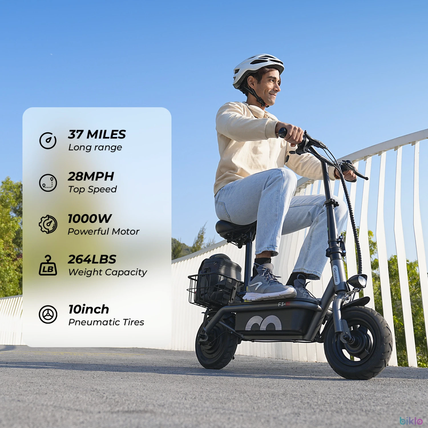 5. IScooter F3 Electric Scooter with Seat and Basket,1000W 48V 13Ah 10 inch