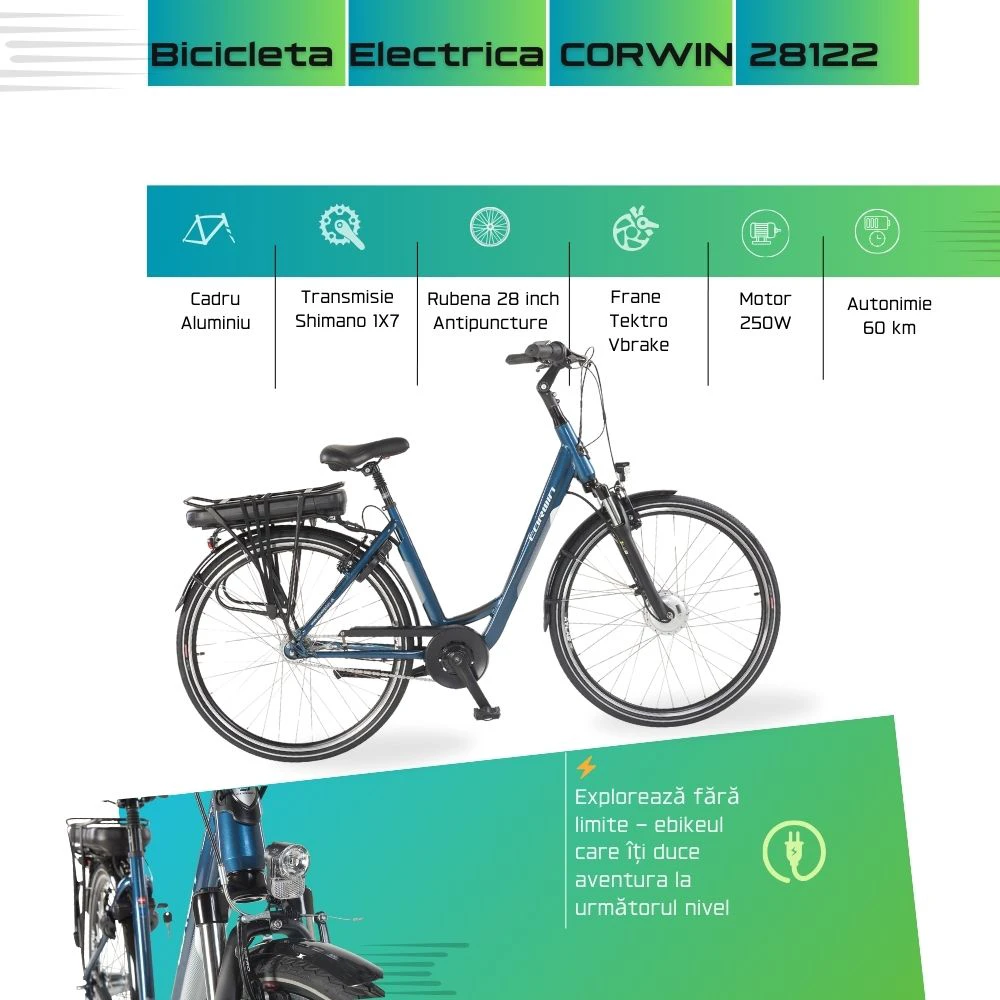 3. Bicicleta Electrica Corwin 28122 - 28 Inch, 490mm, Albastru