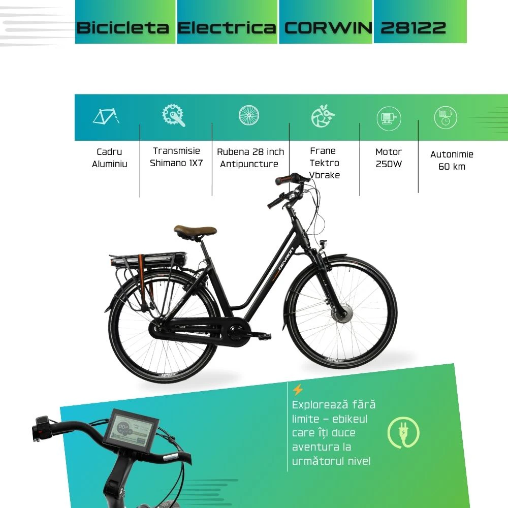 3. Bicicleta Electrica Corwin 28122 - 28 Inch, 490mm, Negru