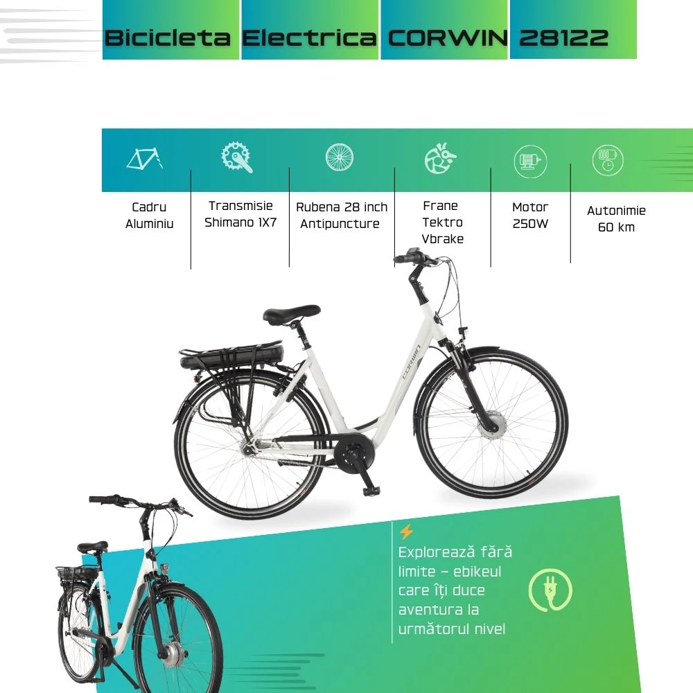 3. Bicicleta Electrica Corwin 28122 - 28 Inch, 530mm, Alb
