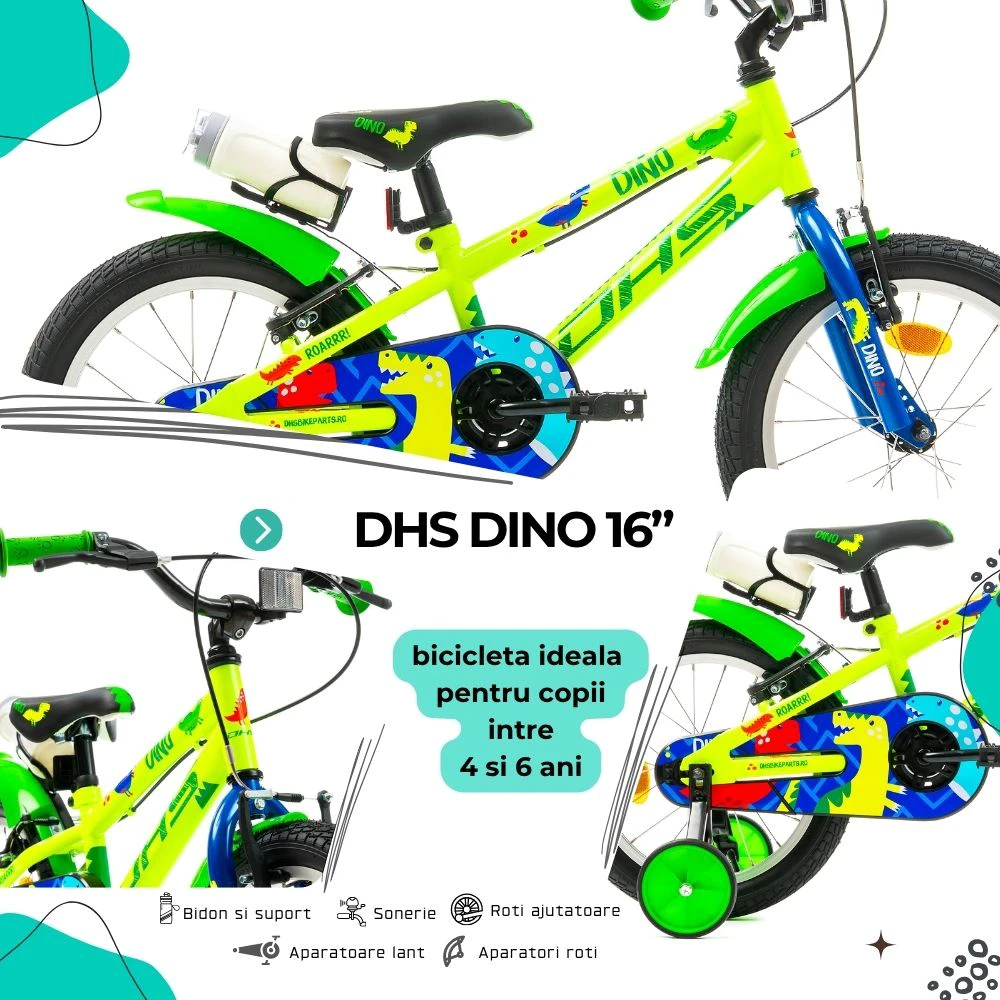 4. Bicicleta Copii DHS Dino - 16 Inch, Verde Reambalat