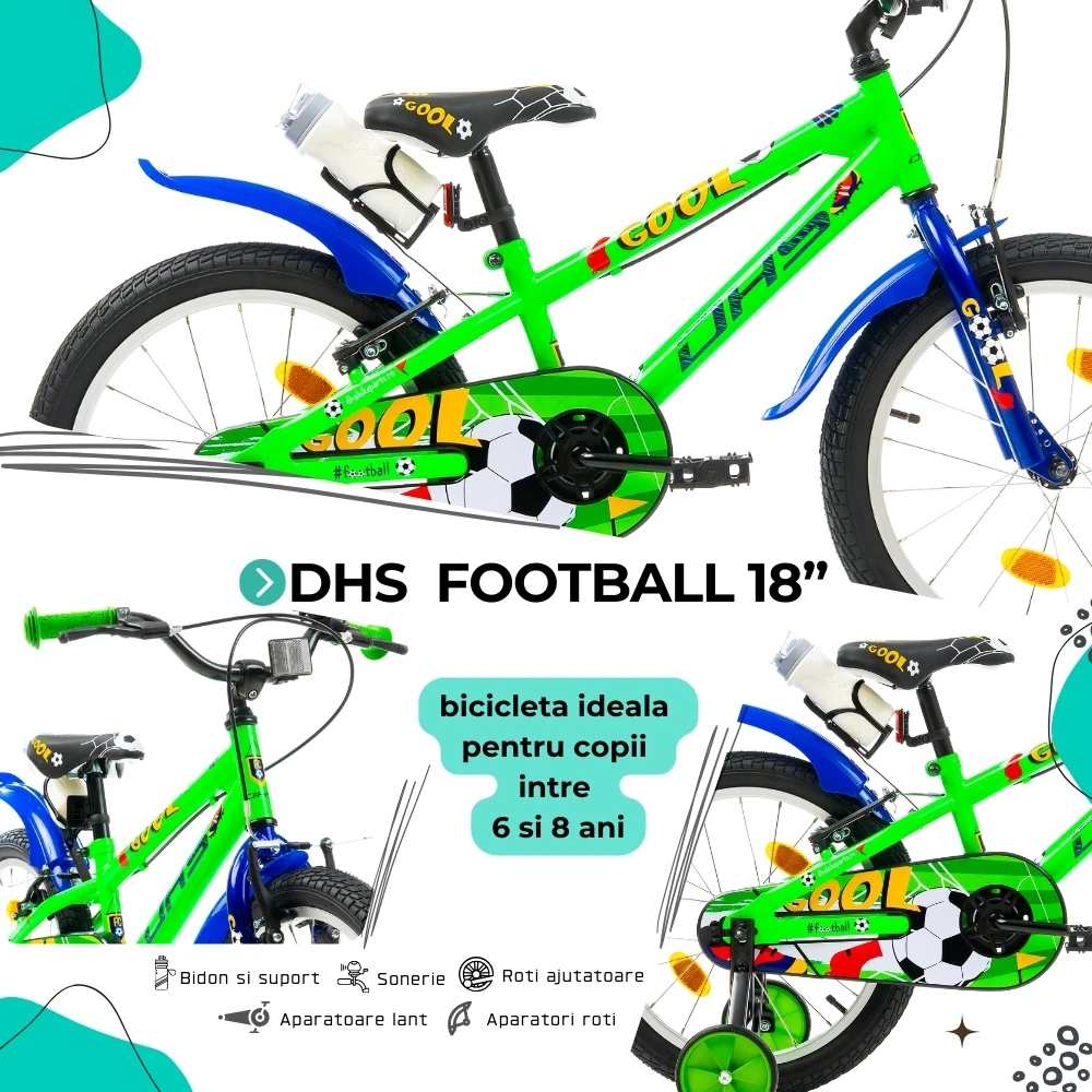4. Bicicleta Copii DHS Football - 18 Inch, Verde Reambalat