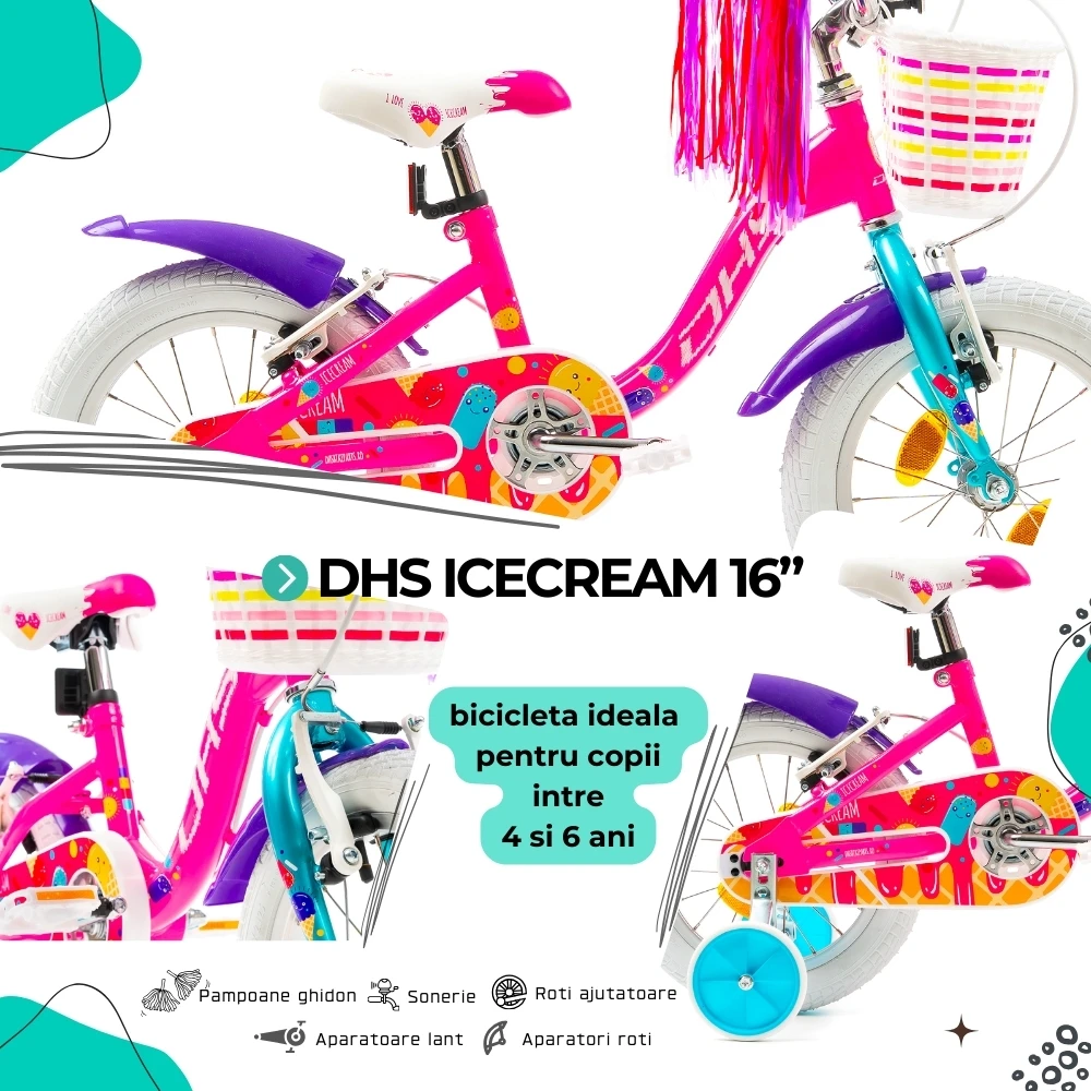 4. Bicicleta Copii DHS Icecream - 16 Inch, Roz Reambalat