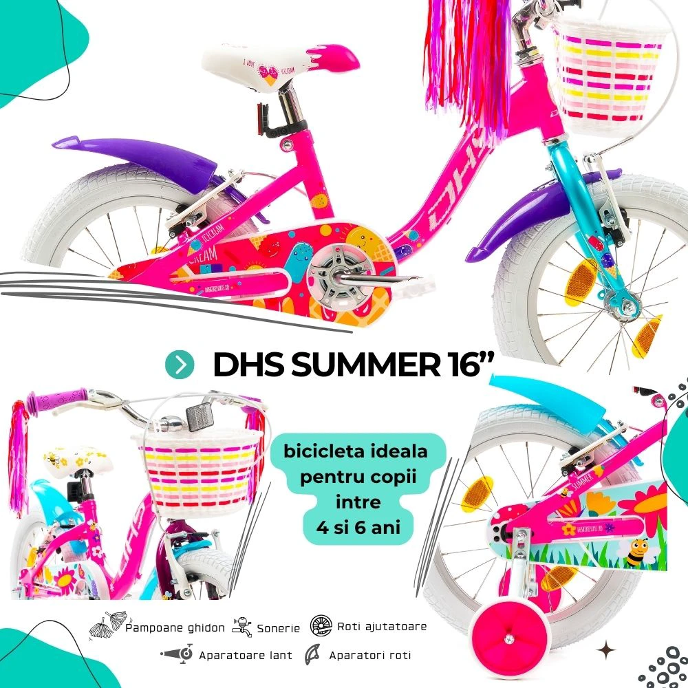 4. Bicicleta Copii DHS Summer - 16 Inch, Roz Reambalat