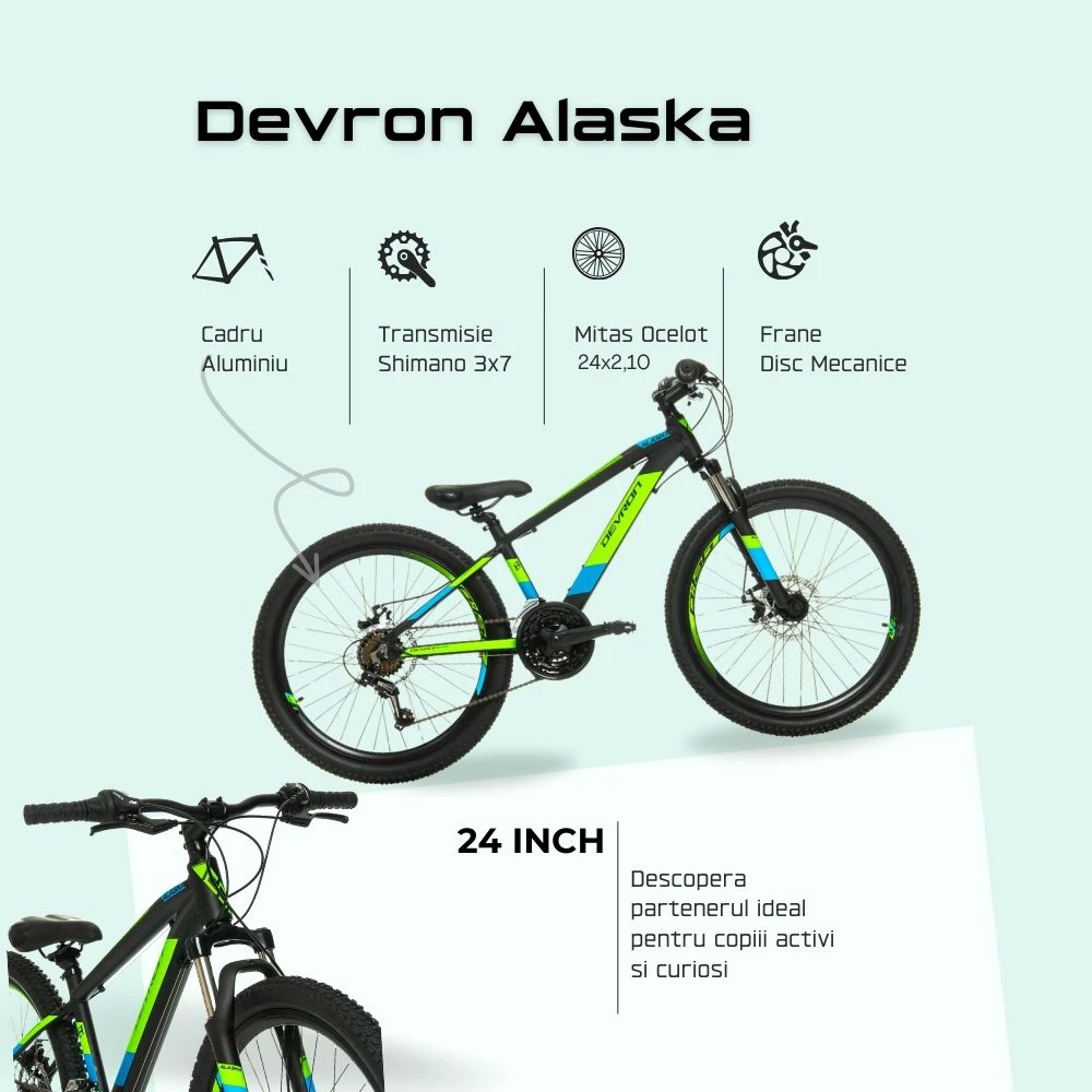 4. Bicicleta Copii Devron Alaska - 24 Inch, Negru-Verde Reambalat