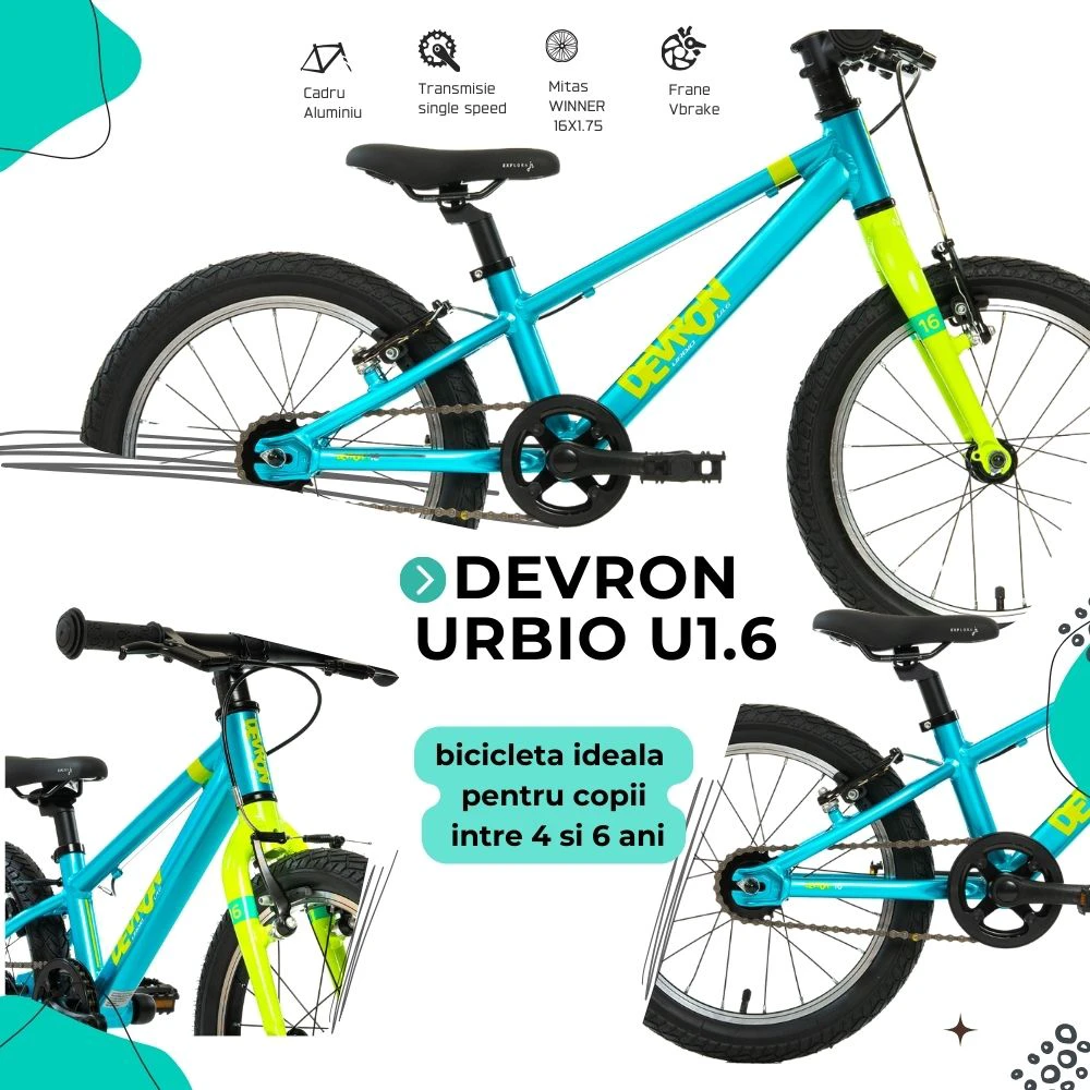 4. Bicicleta Copii Devron Urbio U1.6 Super Light - 16 Inch, Albastru-Verde Reambalat