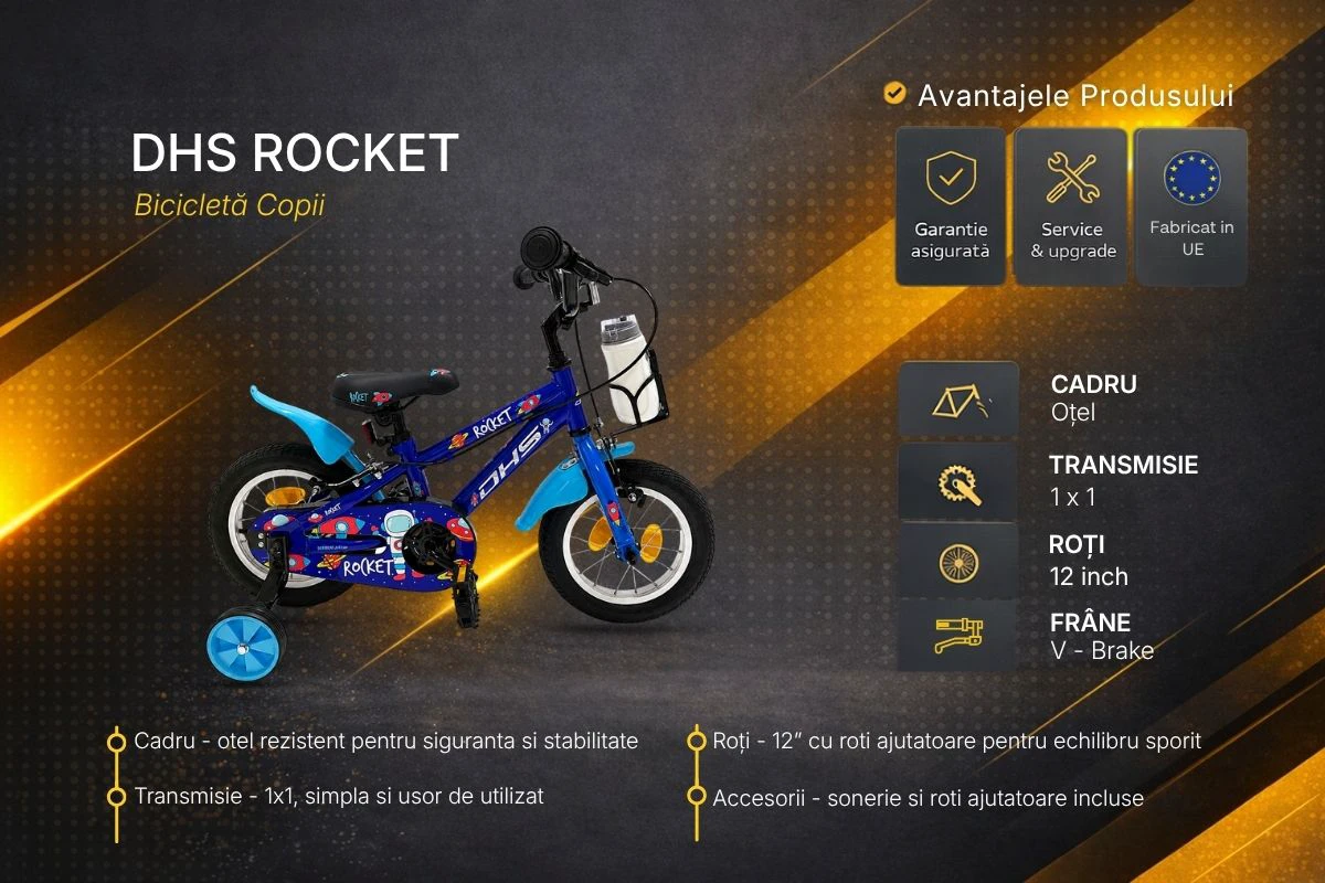 5. Bicicleta Copii DHS Rocket - 12 Inch, Albastru inchis, Reambalat