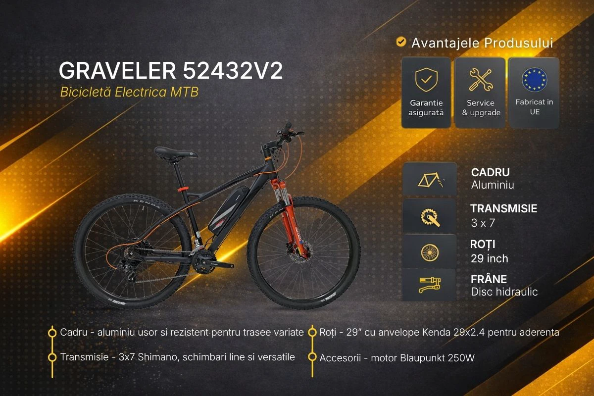 5. Bicicleta electrica MTB Graveler 52432V2 - 29 inch, M, Negru