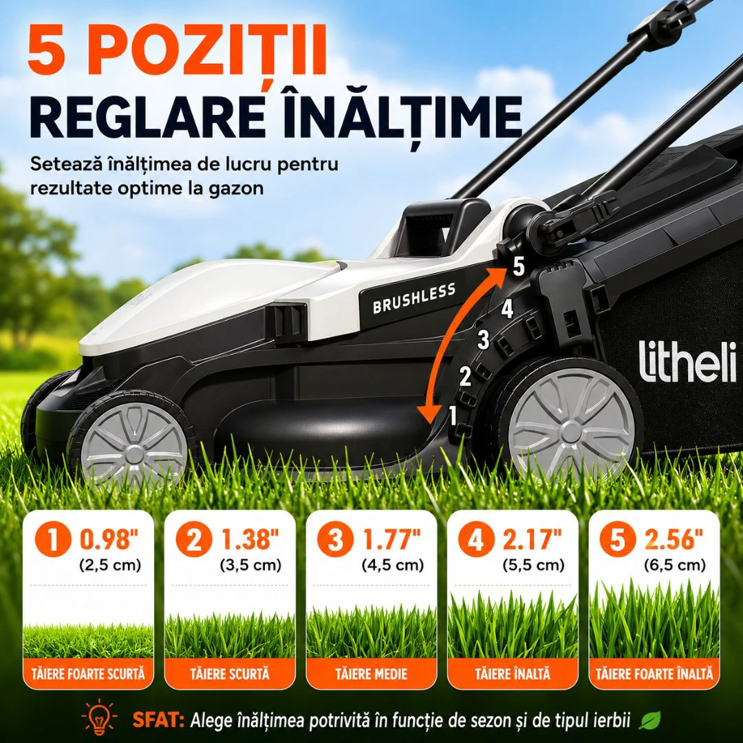 4. Masina de tuns gazonul Litheli U20LM00, 20V, acumulator 4Ah inclus, latime taiere 330 mm