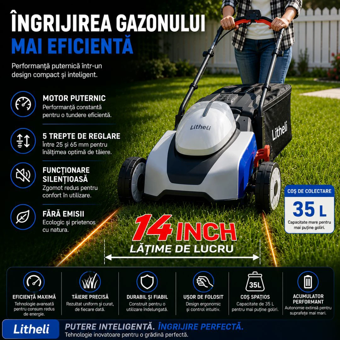 2. Masina de tuns gazonul Litheli U20LM00, 20V, acumulator 5Ah inclus, latime taiere 330 mm