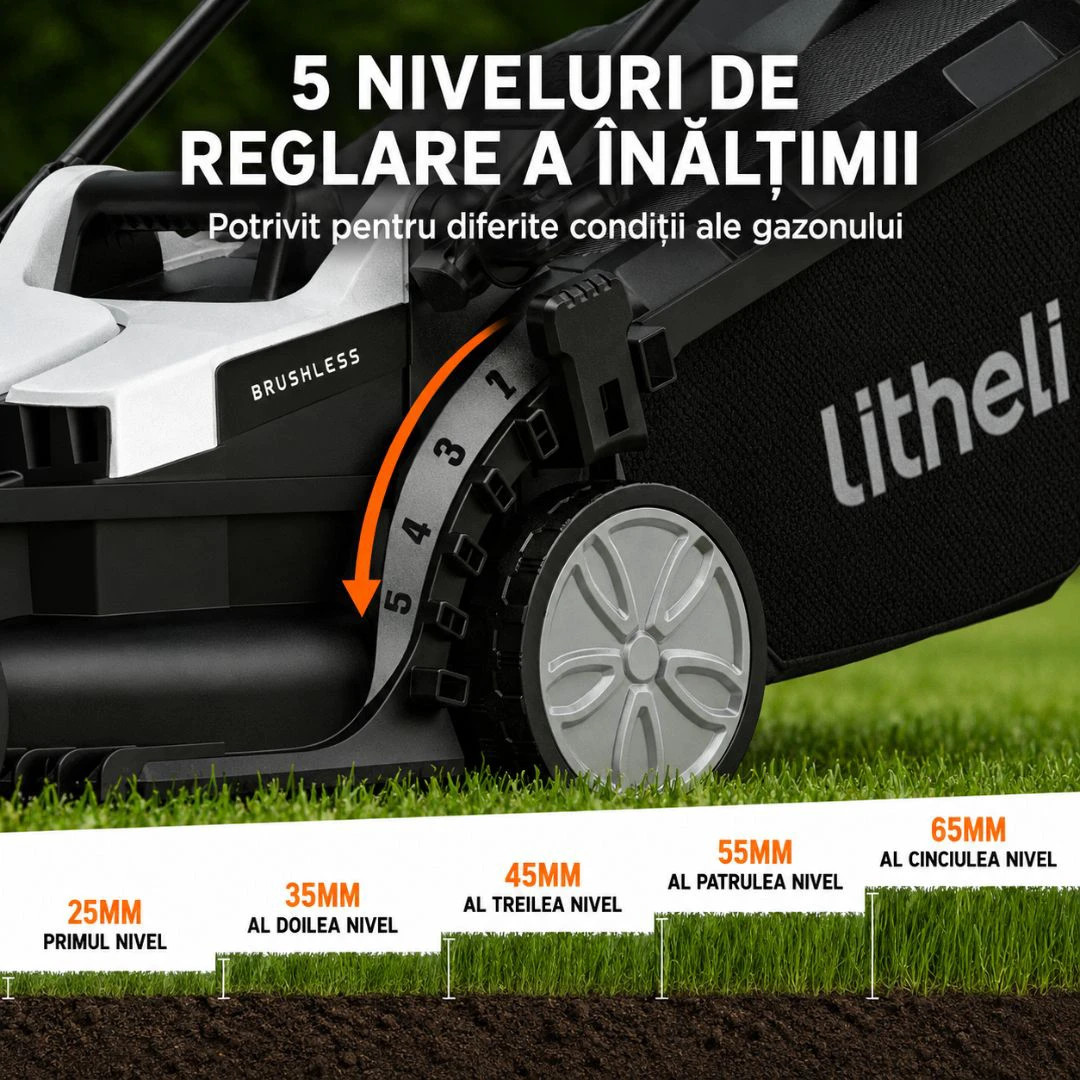 3. Masina de tuns gazonul Litheli U20LM00 Brushless, 2x20V, 2 acumulatori 2Ah inclusi, latime taiere 330 mm