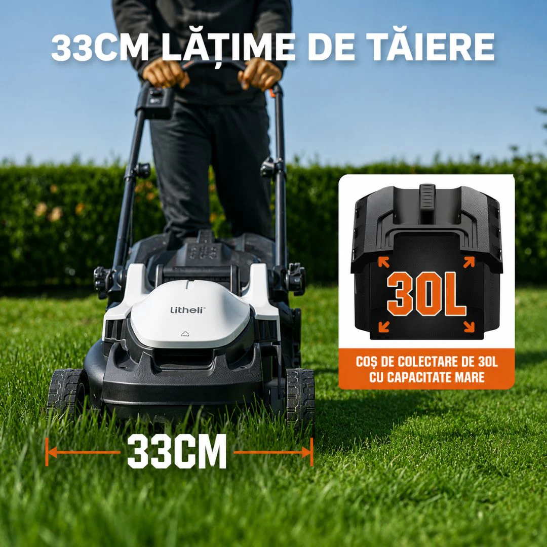 6. Masina de tuns gazonul Litheli U20LM00 Brushless, 2x20V, 2 acumulatori 2Ah inclusi, latime taiere 330 mm