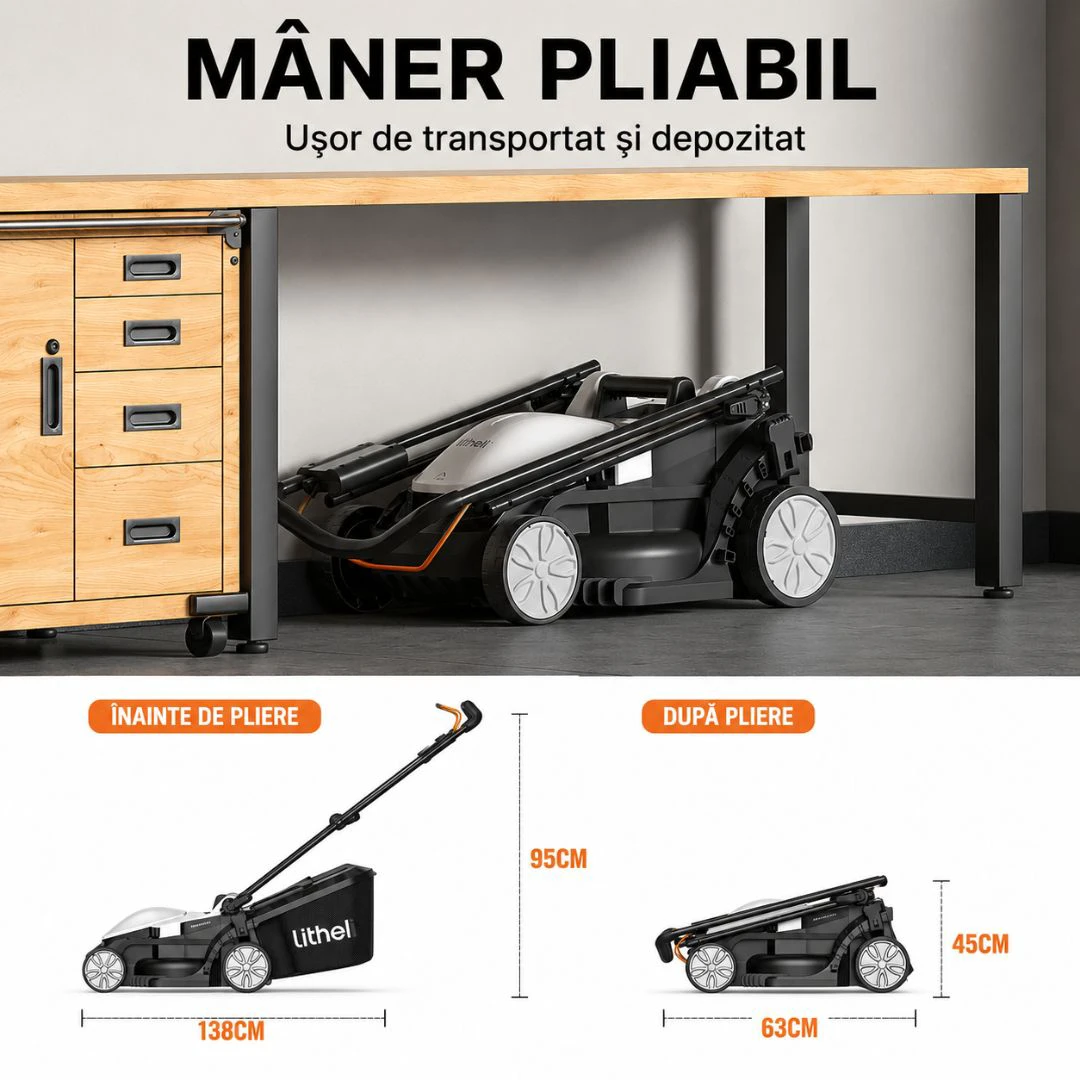 7. Masina de tuns gazonul Litheli U20LM00 Brushless, 2x20V, 2 acumulatori 2Ah inclusi, latime taiere 330 mm