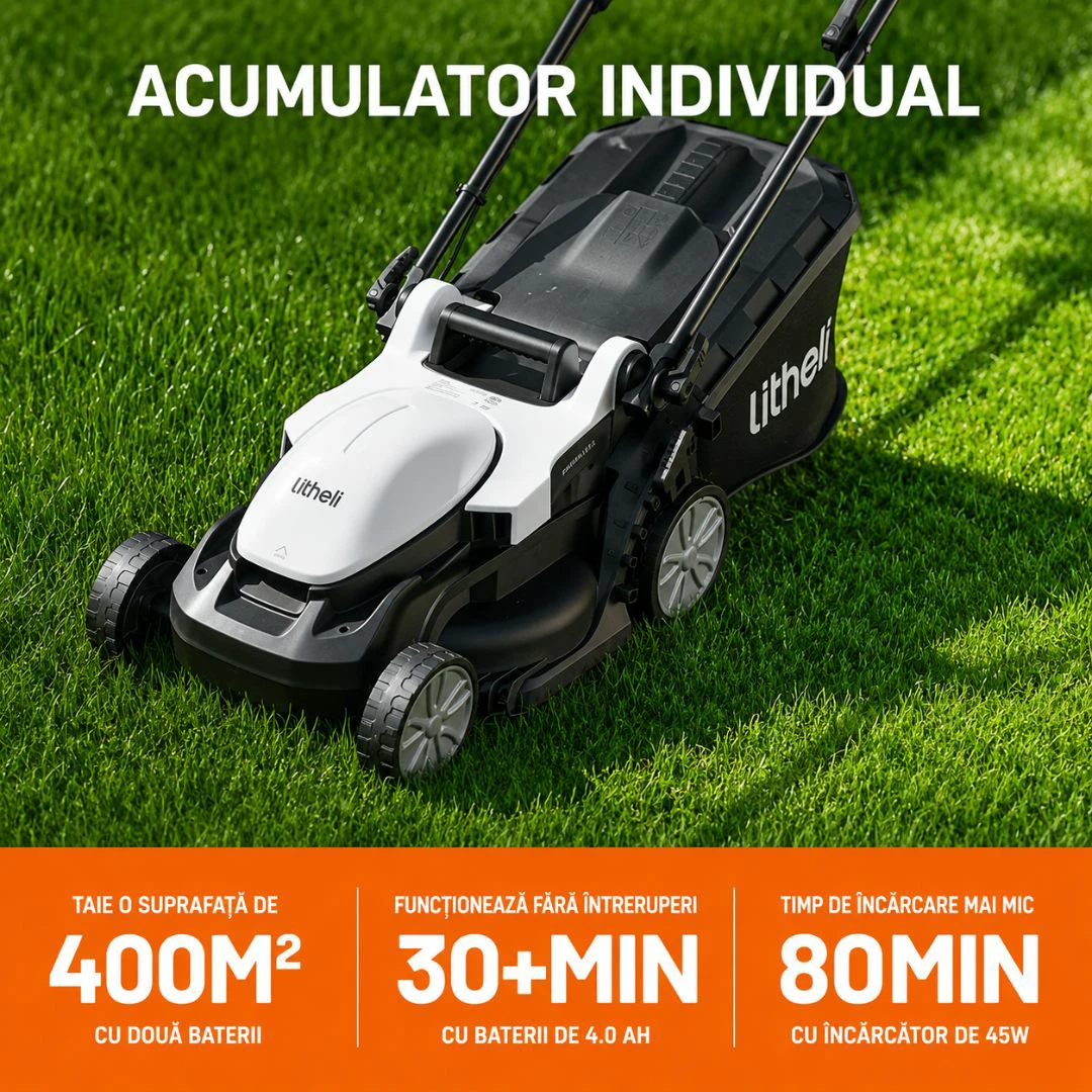 2. Masina de tuns gazonul Litheli U20LM00 Brushless, 2x20V, 2 acumulatori 2Ah inclusi, latime taiere 330 mm