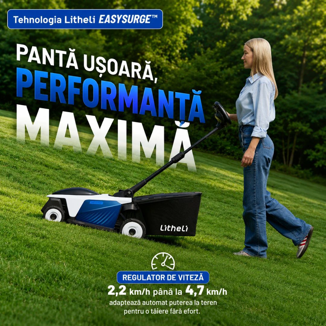5. Masina de tuns gazonul autopropulsata Litheli EasySurge U20LM01 Brushless, 2x20V, 2 acumulatori 4Ah inclusi, latime taiere 430 mm