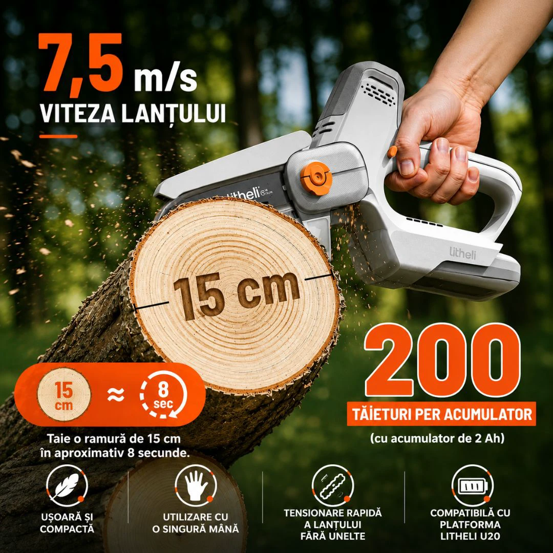 3. Motoferastrau electric compact Litheli U20MC00, 20V, acumulator 2Ah inclus, lama 150 mm