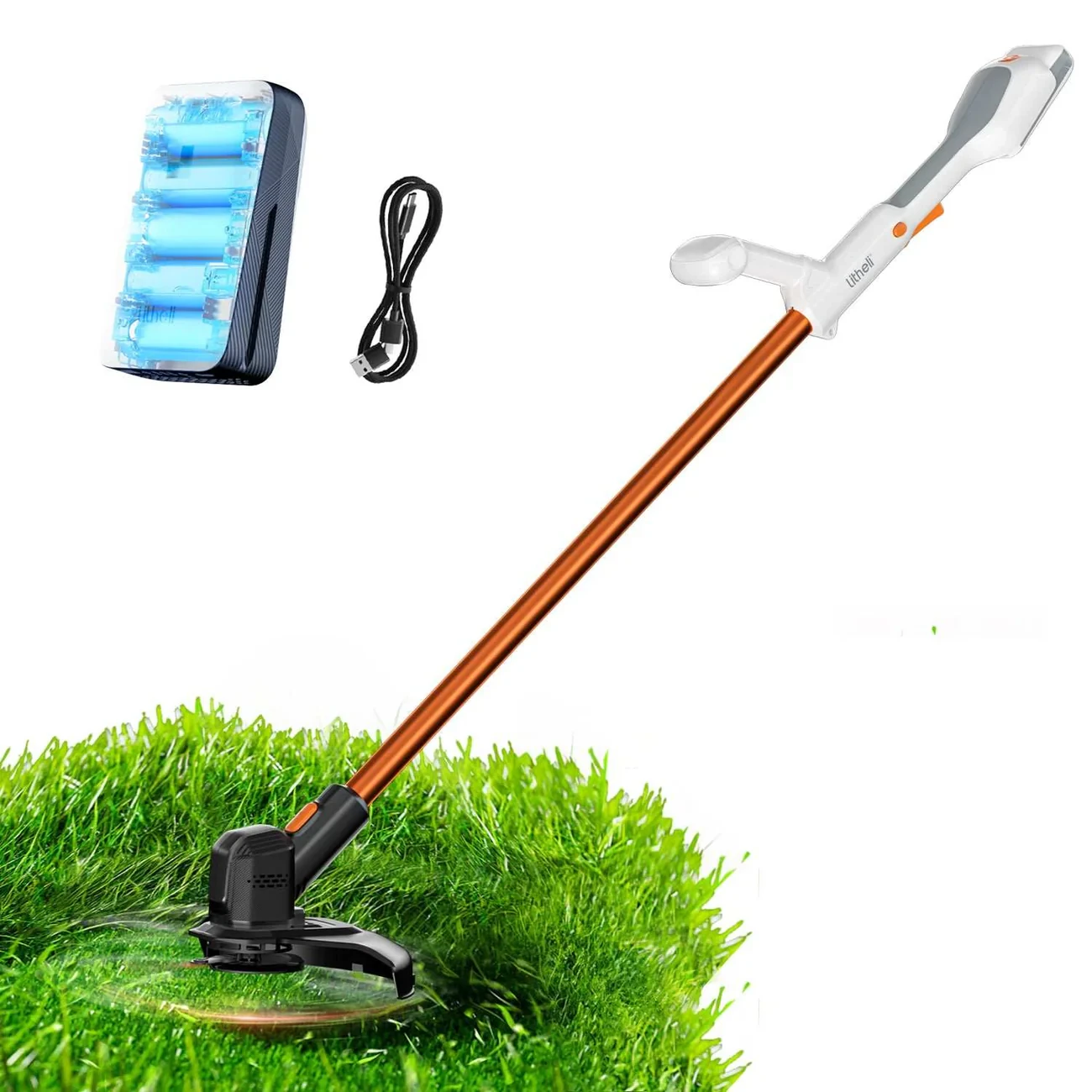 1. Trimmer electric pentru iarba Litheli U20GT01, 20V, acumulator 2Ah inclus, latime taiere 250 mm