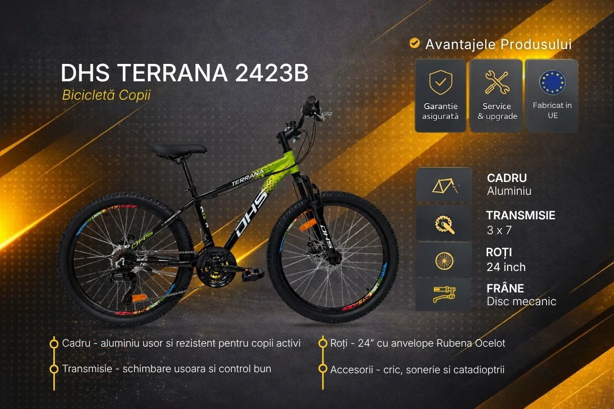9. Bicicleta Copii Dhs Terrana 2423B, model 2026 - 24 Inch, Negru-Verde