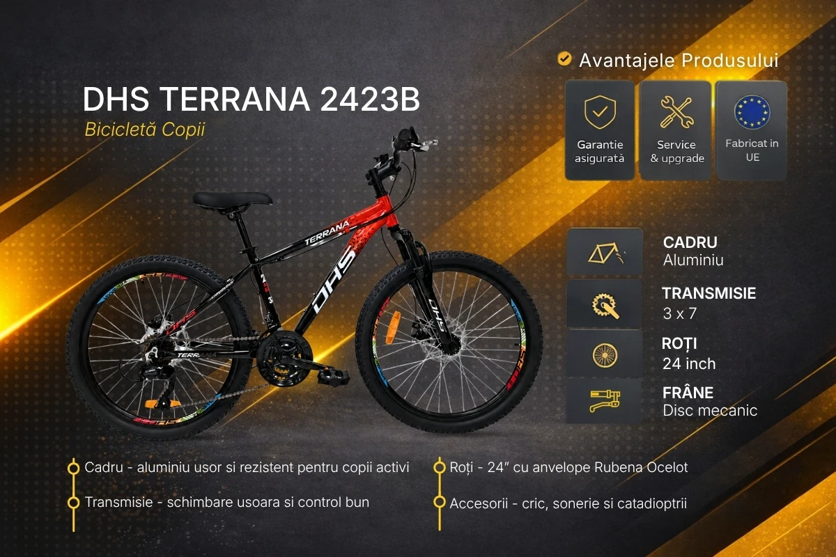 4. Bicicleta Copii Dhs Terrana 2423B, model 2026 - 24 Inch, Rosu-Negru