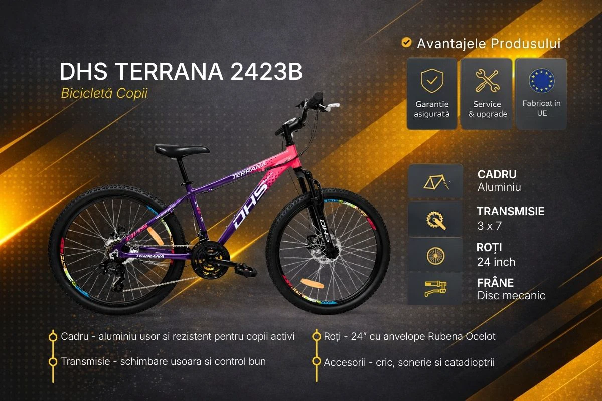 3. Bicicleta Copii Dhs Terrana 2423B, model 2026 - 24 Inch, Roz-Violet