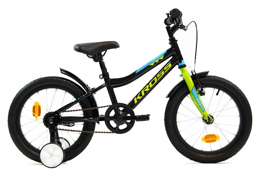 1. Bicicleta Copii cu Roti Ajutatoare Kross Racer 3.0 16 Negru-Lime-Albastru