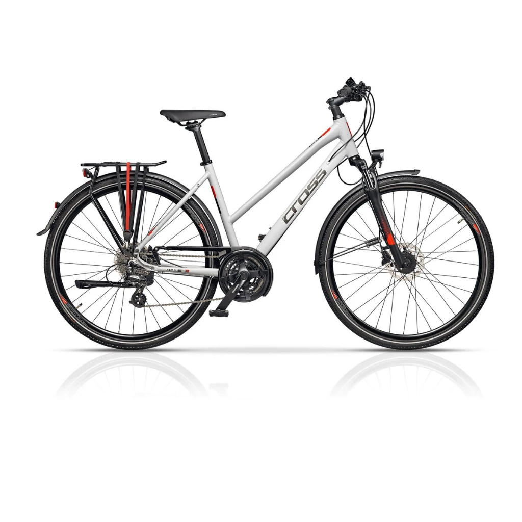 1. Bicicleta Trekking Cross Amber, Dama, Alb-Gri-Rosu 48
