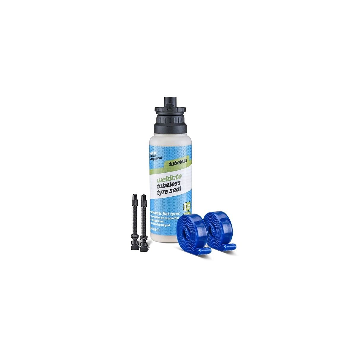 1. Weldtite Easy-Fit Kit Conversie Tubeless 28 inch include 2 x valva Presta 55+banda Tubeless+Tub lichid 240 ml Road 4065
