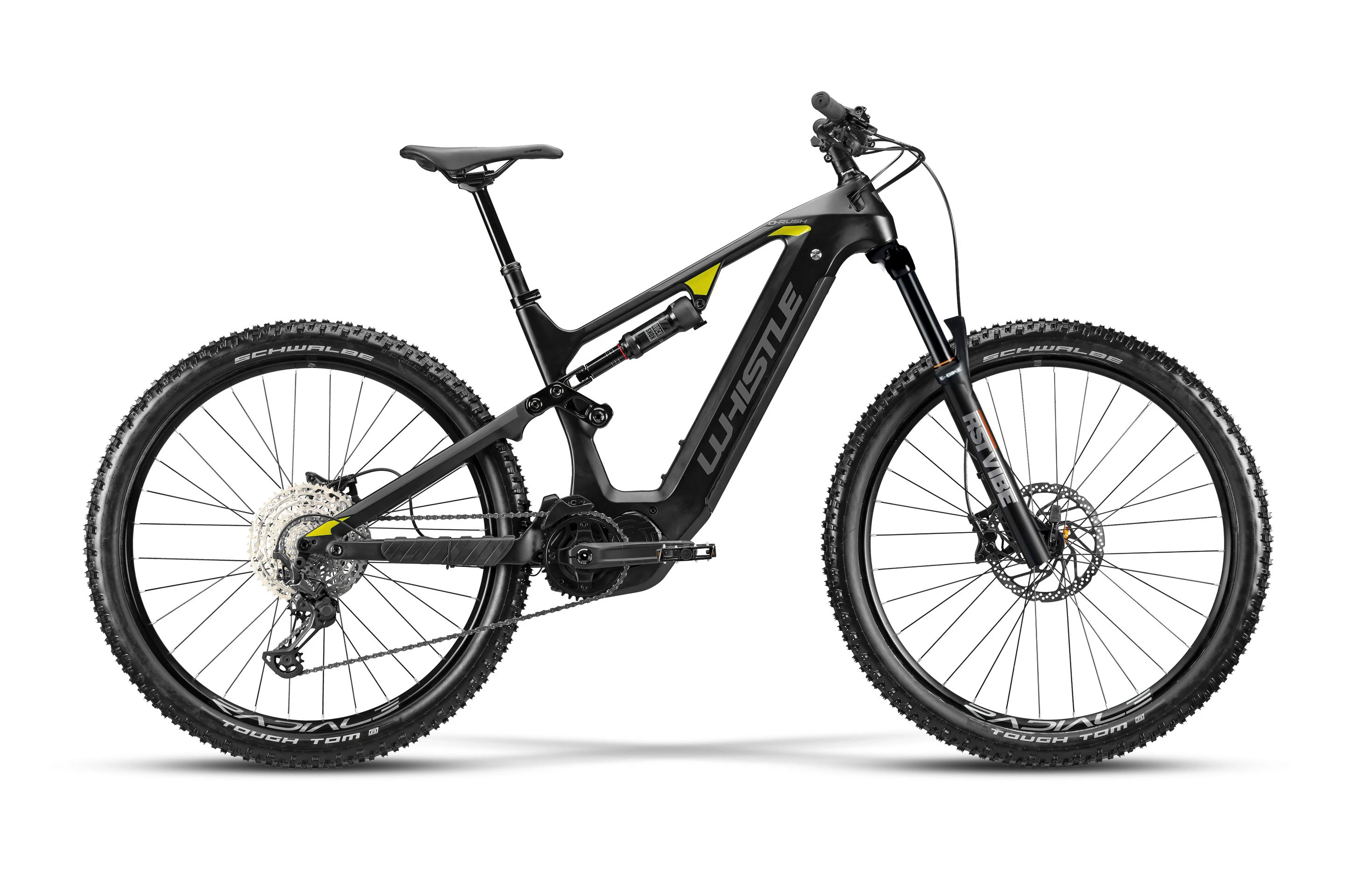 1. Bicicleta Electrica MTB Full Suspension WHISTLE O-Rush C4.4 Carbon Baterie 603Wh, Black Matt Anthracite/ Yellow, 48 cm