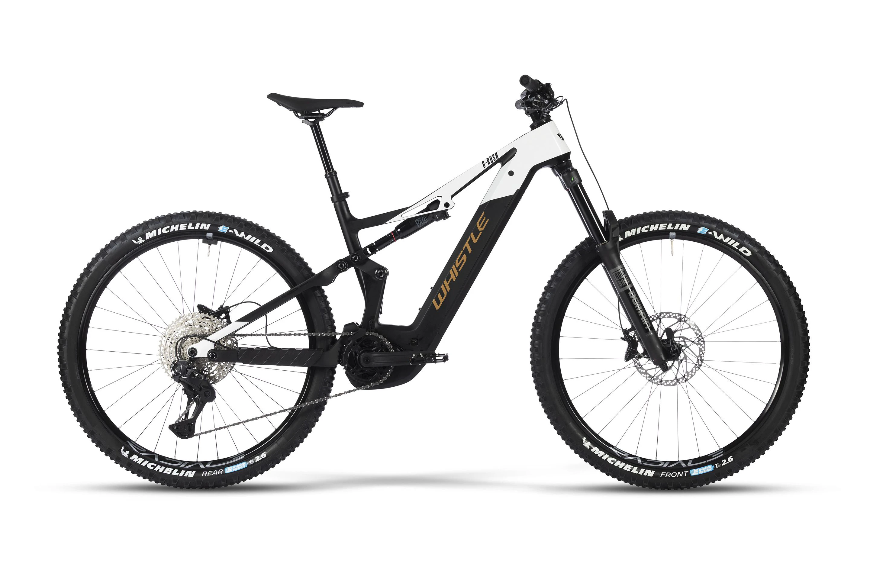 1. Bicicleta Electrica MTB Full Suspension WHISTLE B-Rush C8.6 Full Carbon NEW Bosch CX 800Wh - 120Nm, BLACK/GOLD, 44 cm