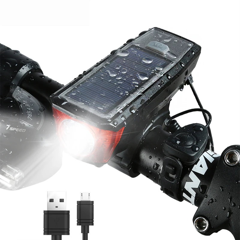 1. Far pentru lumini bicicleta / trotineta, cu claxon, incarcare USB/solar, 4 moduri de iluminare, functie incarcare telefon, negru