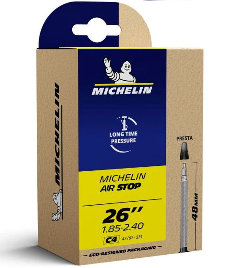 1. Camera roata MTB Michelin Tube Air Stop, valva Presta 48mm, dimensiune 26 x 1.85/2.4