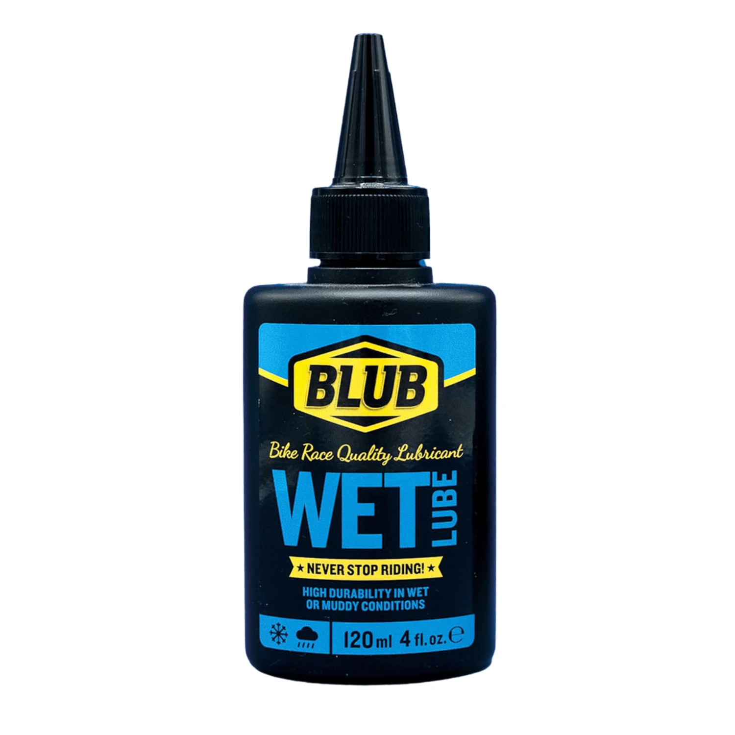 1. BLUB Wet Lube, lubrifiant lant bicicleta pentru ploaie, zapada si noroi, ideal pentru distante lungi si vreme rea, 120 ml adica 80 aplicari