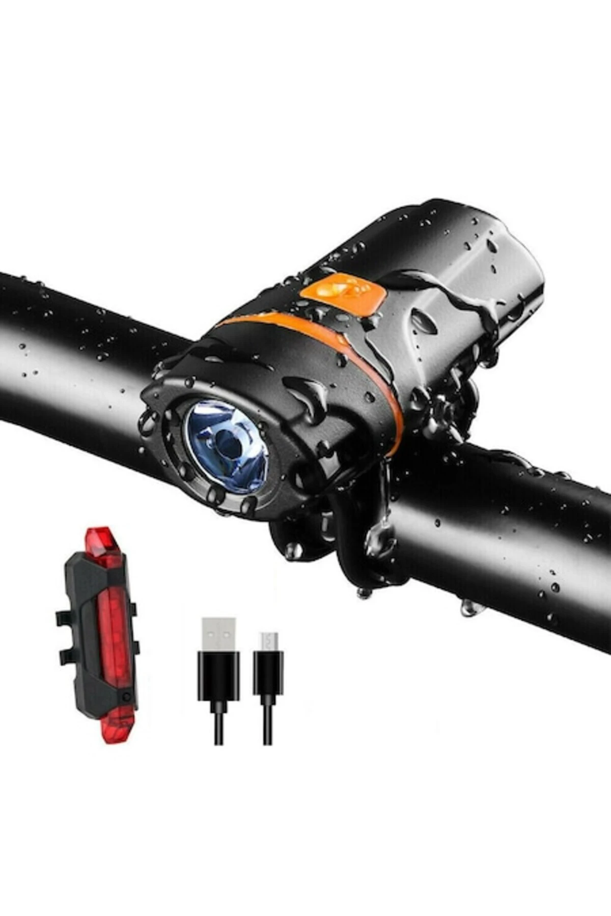 1. Set 2 bucati pentru bicicleta / trotineta, Far si Stop 5 leduri, Reincarcabile USB, 6 moduri de luminare, culoare neagra