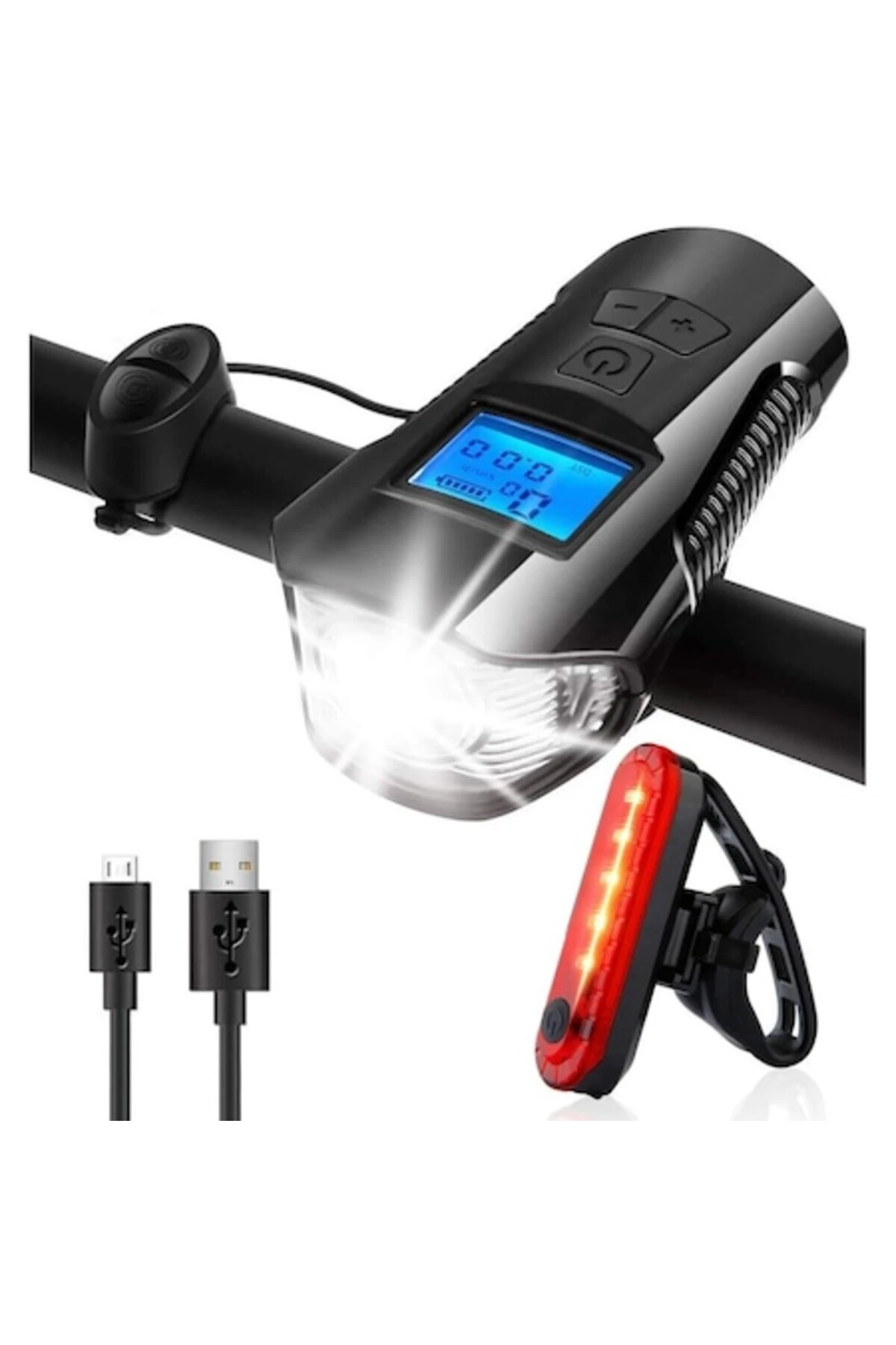 1. Far cu LED pentru Bicicleta, Scuter electric, Trotineta, Baterie reincarcabila, Semnalizator detasabil, Contorizator si Claxon tip alarma, 5 functii de masurare, 4 moduri de iluminare, Culoare Negru, Manolex®