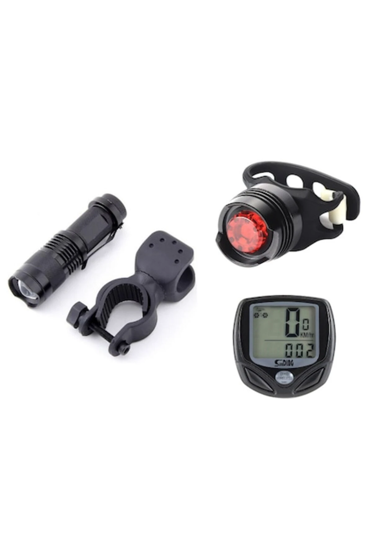 1. Set complet 3 bucati, Far fata 300Lm, stop spate ruby, ciclocomputer wireless, negru
