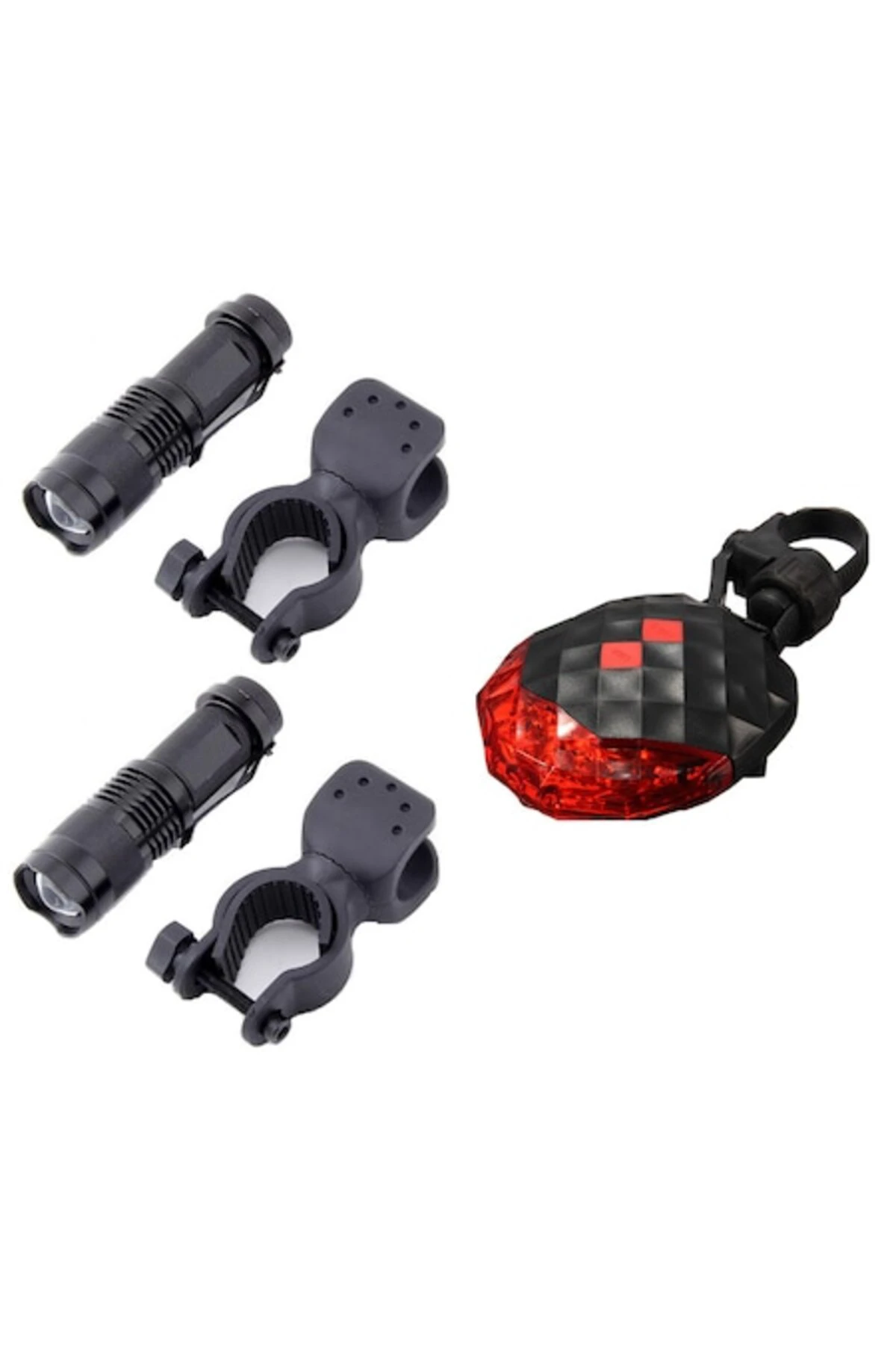 1. Set 3 buc pentru bicicleta / trotineta, faruri fata cu lupa zoom, stop laser romb 5 led, 3 moduri luminare, negre