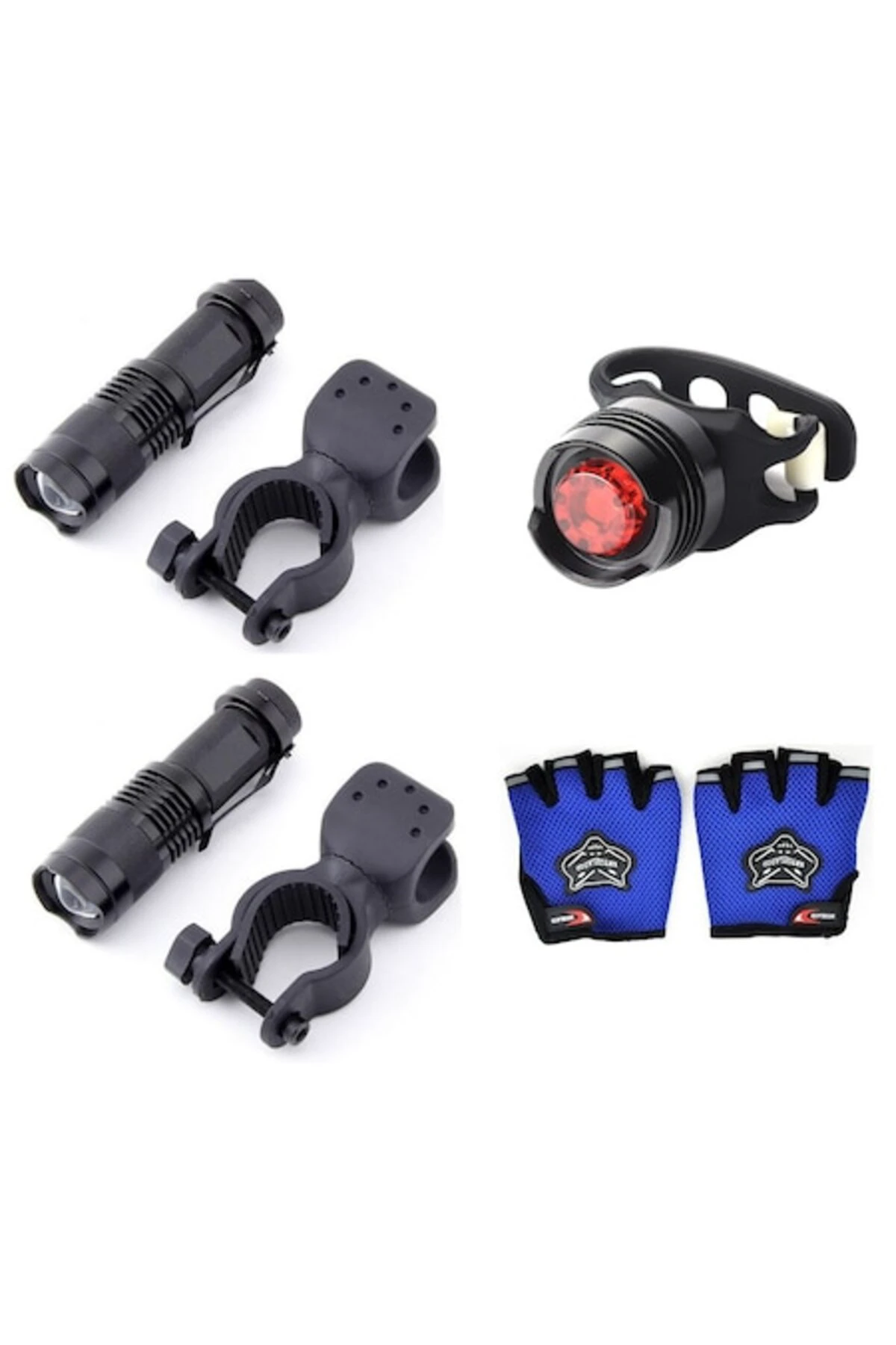 1. Set 4 articole, Doua faruri fata 300Lm, stop spate ruby, manusi half finger