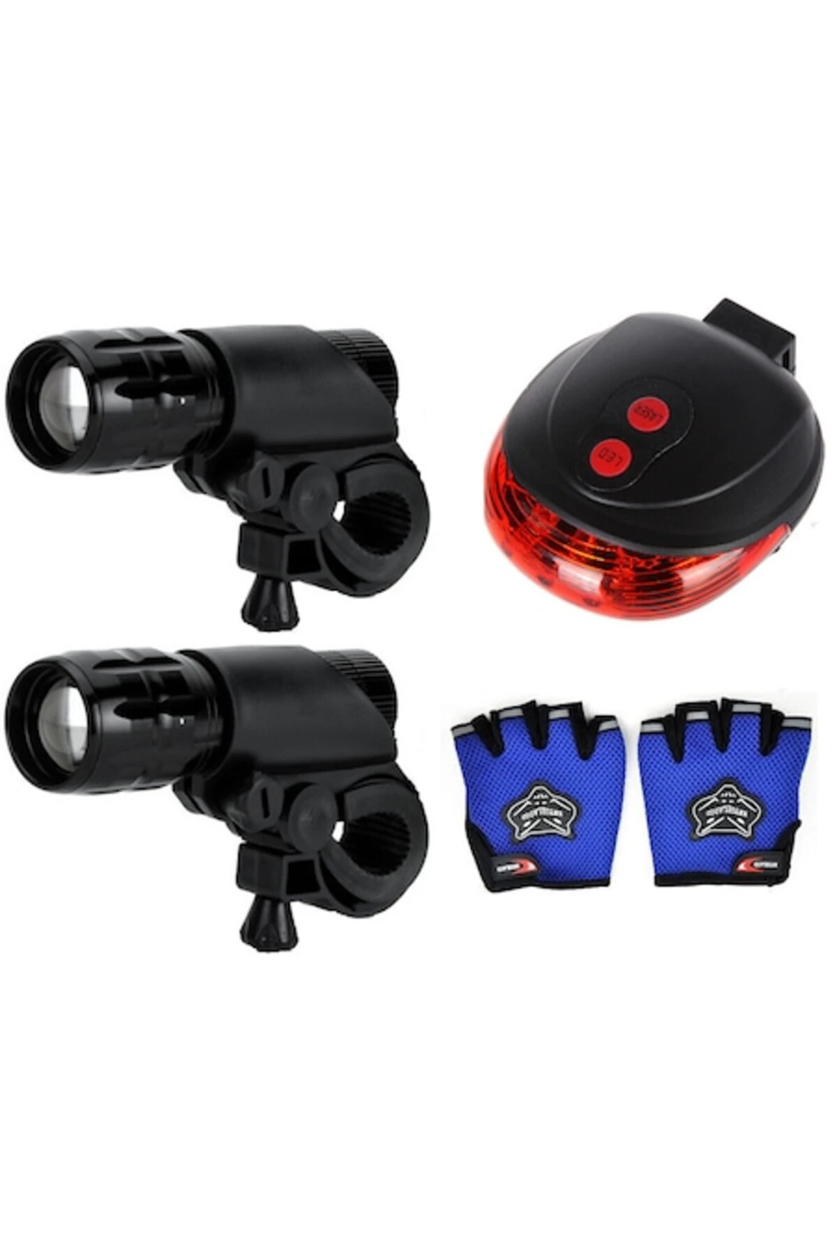 1. Set 4 articole, doua faruri fata zoom, stop spate laser, manusi half finger