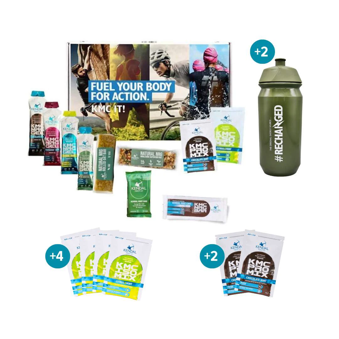 1. Triathlon Nutrition Pack: Training Kit Includes: Energy Gels, Kendal Mint Cake Bars, Energy Gels, ISO & PRO Mix & Olive Green Bottle