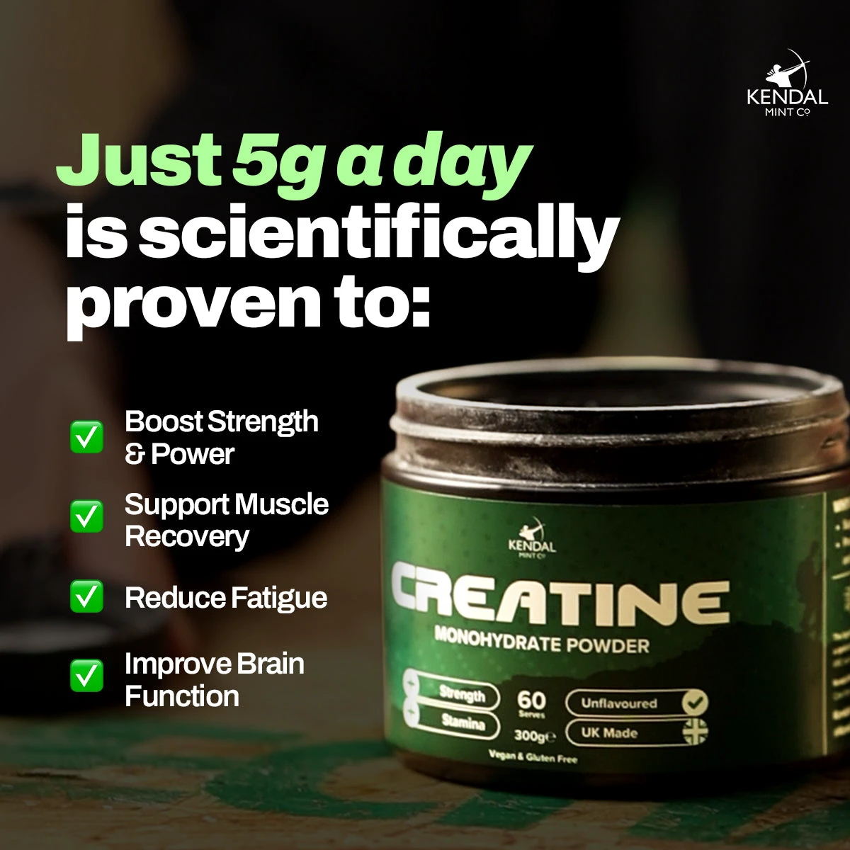 2. KMC Creatine Monohydrate Powder (300g, 60 Servings) | Unflavoured | Suitable for runners, cyclists, fitness enthusiasts and gym goers | Kendal Mint Co
